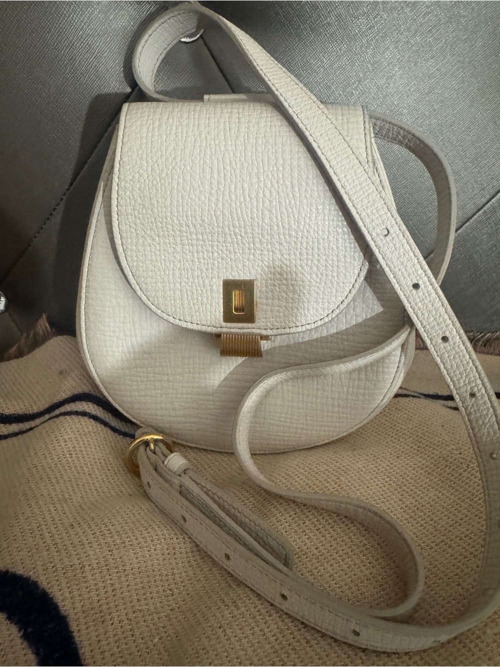 Bottega Veneta Ivory Grain-Texture Crossbody with Gold Tone Clasp